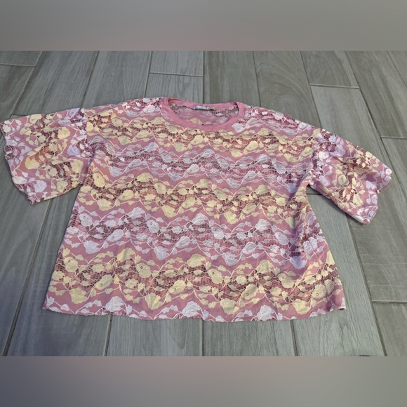 Zara pink lace sheer crop top pastel‎ color tee - Picture 9 of 10